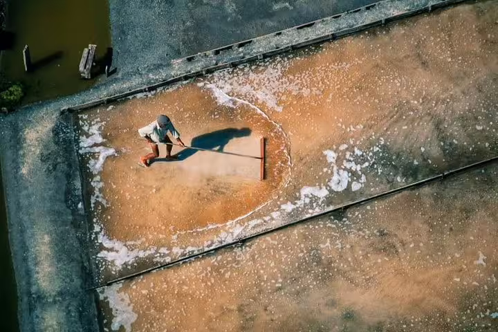 Aerial view of a worker harvesting salt at Aveiro's traditional salt pans on the Porto day trip.