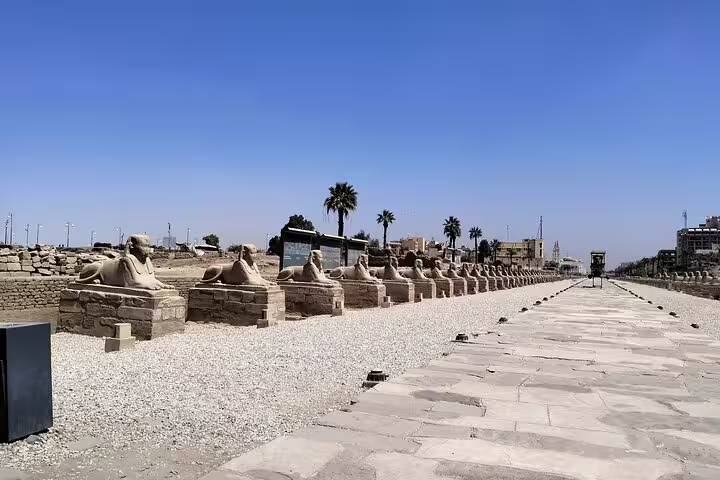Avenue of Sphinxes walkway in Luxor, Egypt, on a 7-day luxury Cairo pyramids Nile cruise with flights