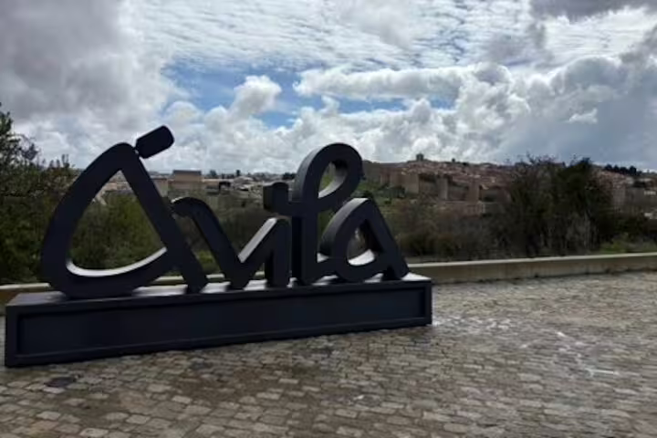 Avila sign viewpoint stop on half-day private minivan tour, with medieval skyline under dramatic clouds