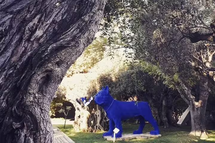 Discover the unique blue sculpture amidst ancient olive trees, adding artistic charm to the Setúbal wine tour experience.