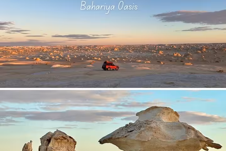 Bahariya Oasis view with a red SUV traversing the vast, rock-strewn landscape under a colorful sunset sky.