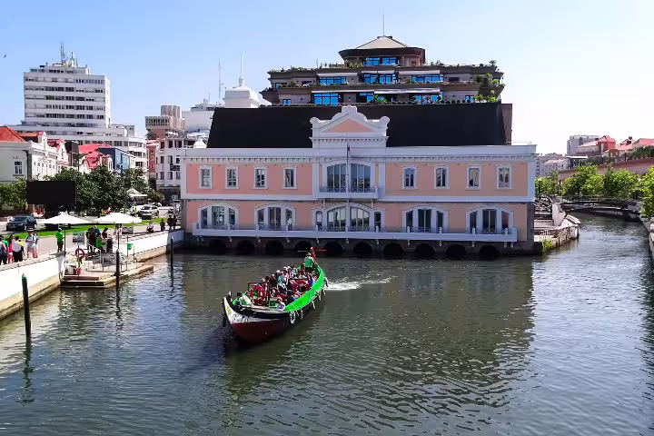 Historic canal view in Aveiro with colorful moliceiro boat passing by iconic striped houses, perfect for private tours.
