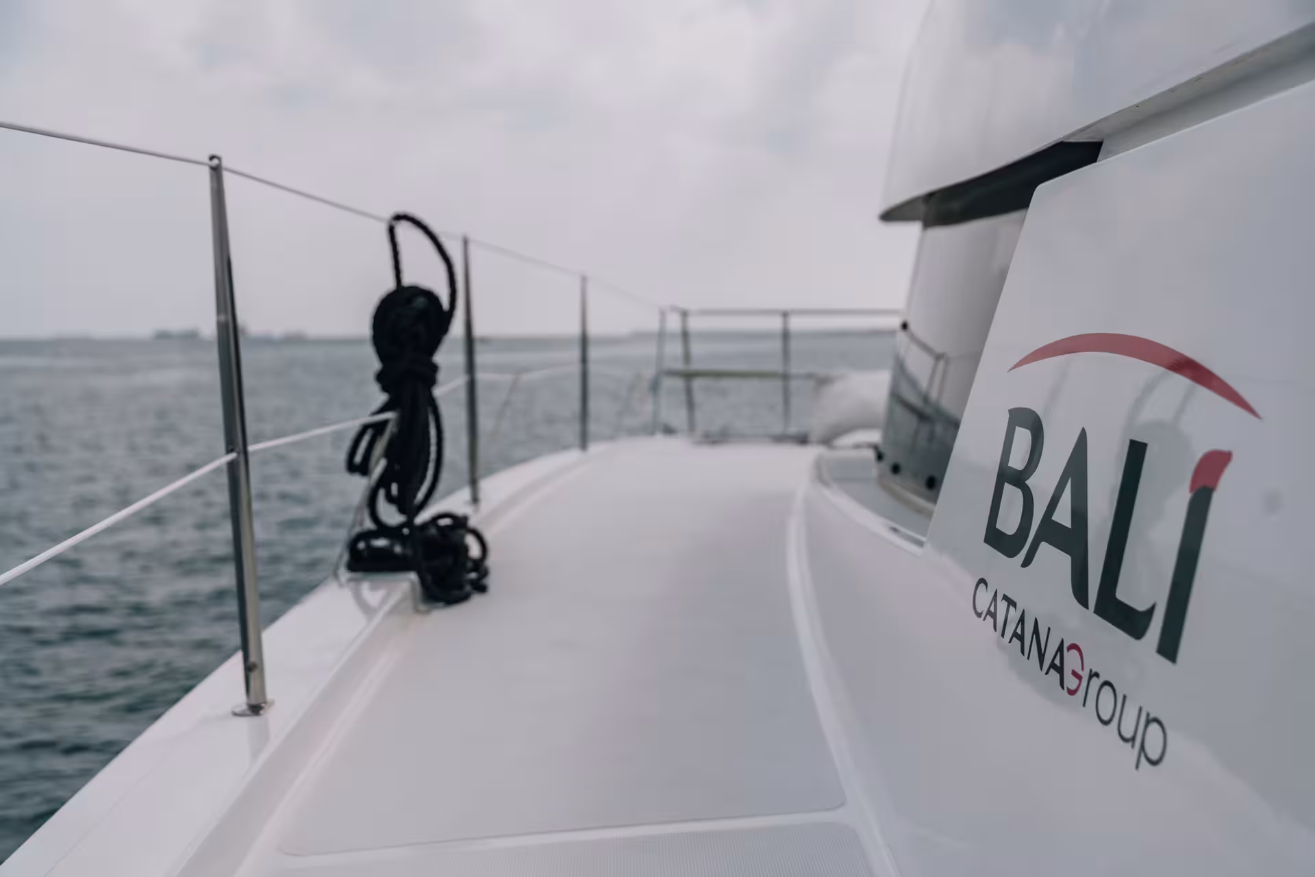 Bow deck view of Bali 4.1 catamaran on a 4-hour private luxury Barcelona sailing tour on the Mediterranean