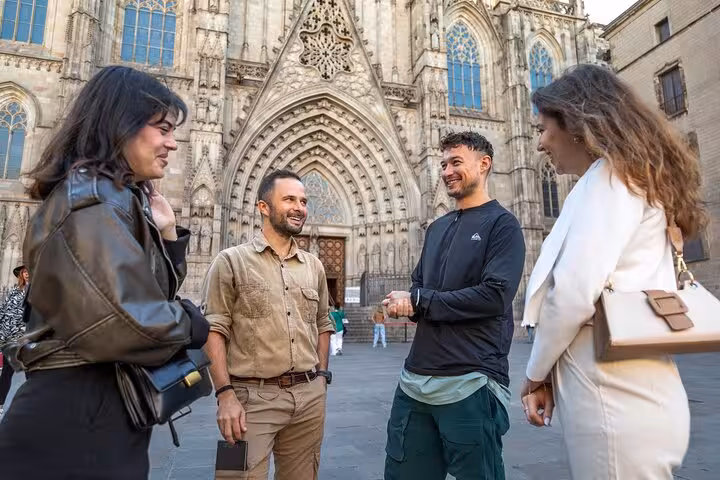 Small group meets guide at Barcelona Cathedral on a Gothic Quarter Old Town walking tour in Barri Gòtic