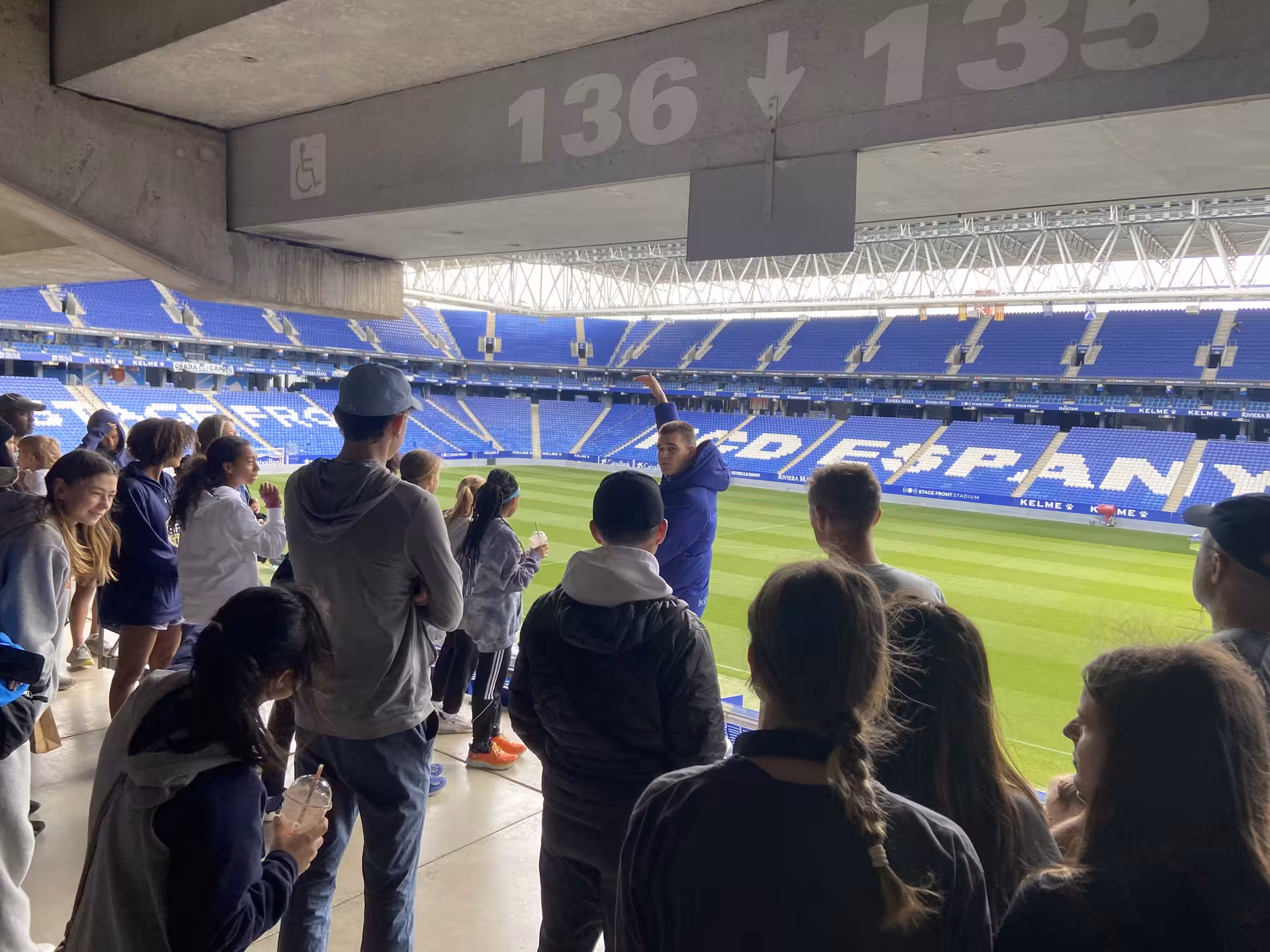 Group tour overlooking RCDE Stadium pitch, a key stop on Barcelona all-inclusive football tour experience