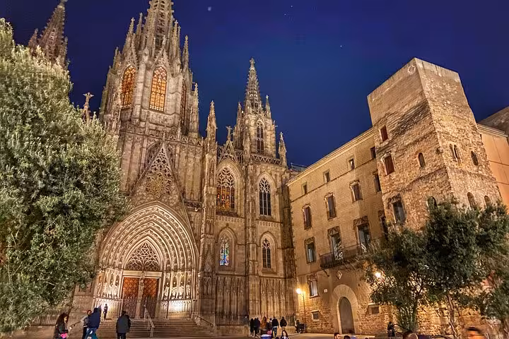 Barcelona Gothic Quarter night view of Barcelona Cathedral, evening stroll on an authentic tapas tour