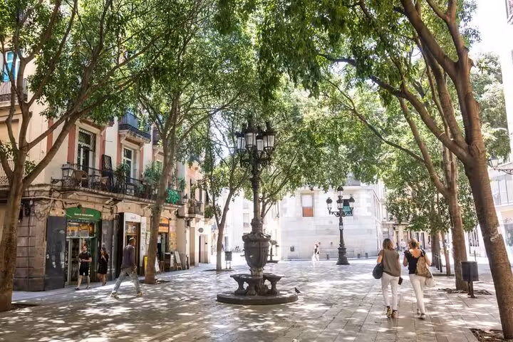 Shaded plaza in Barcelona Gothic Quarter near El Born, scenic street on Old Town introduction walking tour