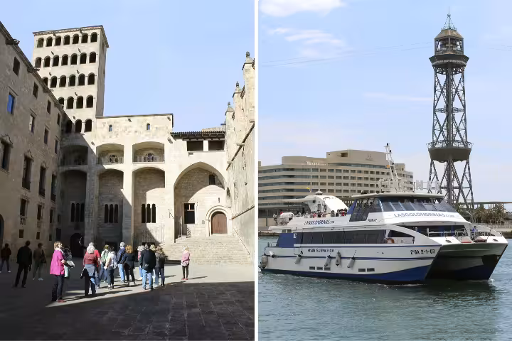 Tourists explore Barcelona's Gothic Quarter and a boat ready for a scenic tour along the city's coast.