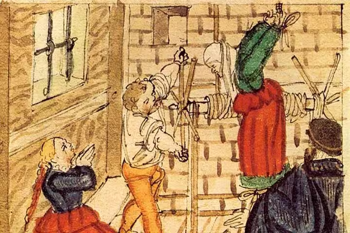 Historic depiction of medieval torture methods, featured in Barcelona's Ghosts of a Dark Past Walking Tour.