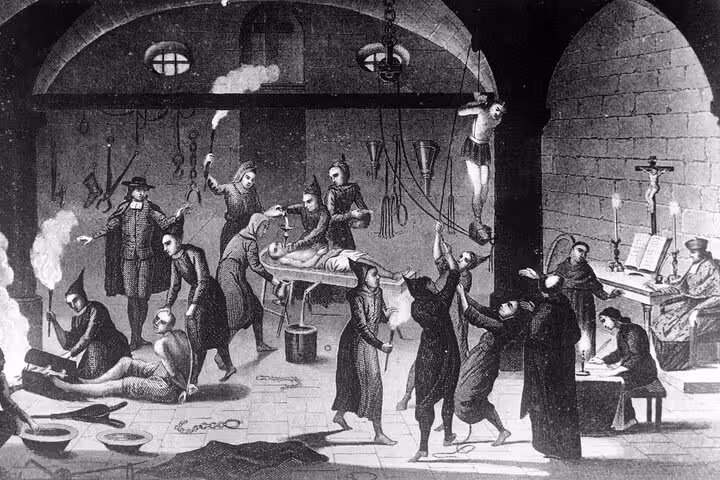 Illustration of an Inquisition scene, highlighting dark history on the Barcelona Ghosts of a Dark Past Walking Tour.