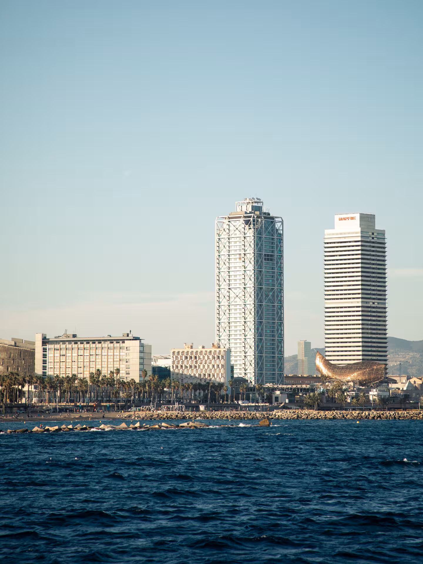 Barcelona skyline from the sea on a 3-hour private luxury catamaran tour, passing Port Olímpic waterfront
