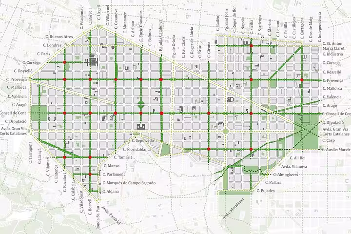 Map of Barcelona's urban planning layout highlighting sustainable street design and green spaces for the smart city tour.