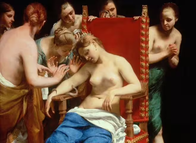 Baroque artwork of a regal woman on a throne surrounded by attendants, featured in the Art History Museum's themed tour.