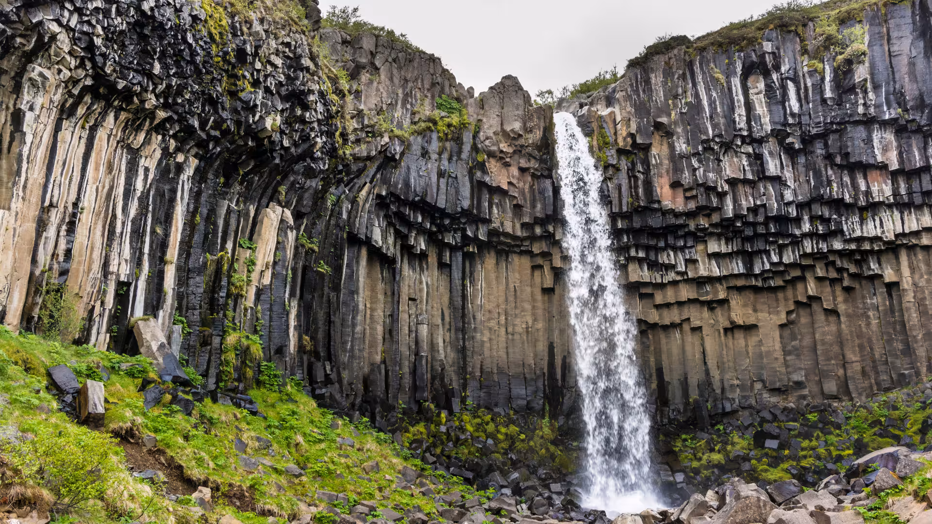 Basalt column waterfall stop on Glacier Lagoon private rally car adventure, South Iceland scenic detour