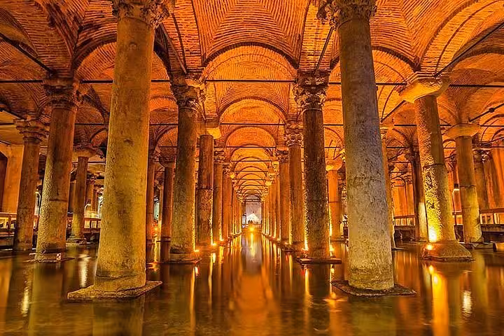 Basilica Cistern in Istanbul with columns and warm lighting
