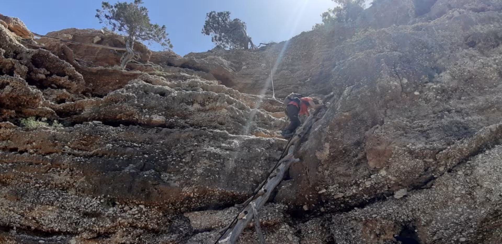 Adventurous climber scaling rocky cliff with ladder during trek to Cala Mariolu, highlighting rugged Sardinian terrain.