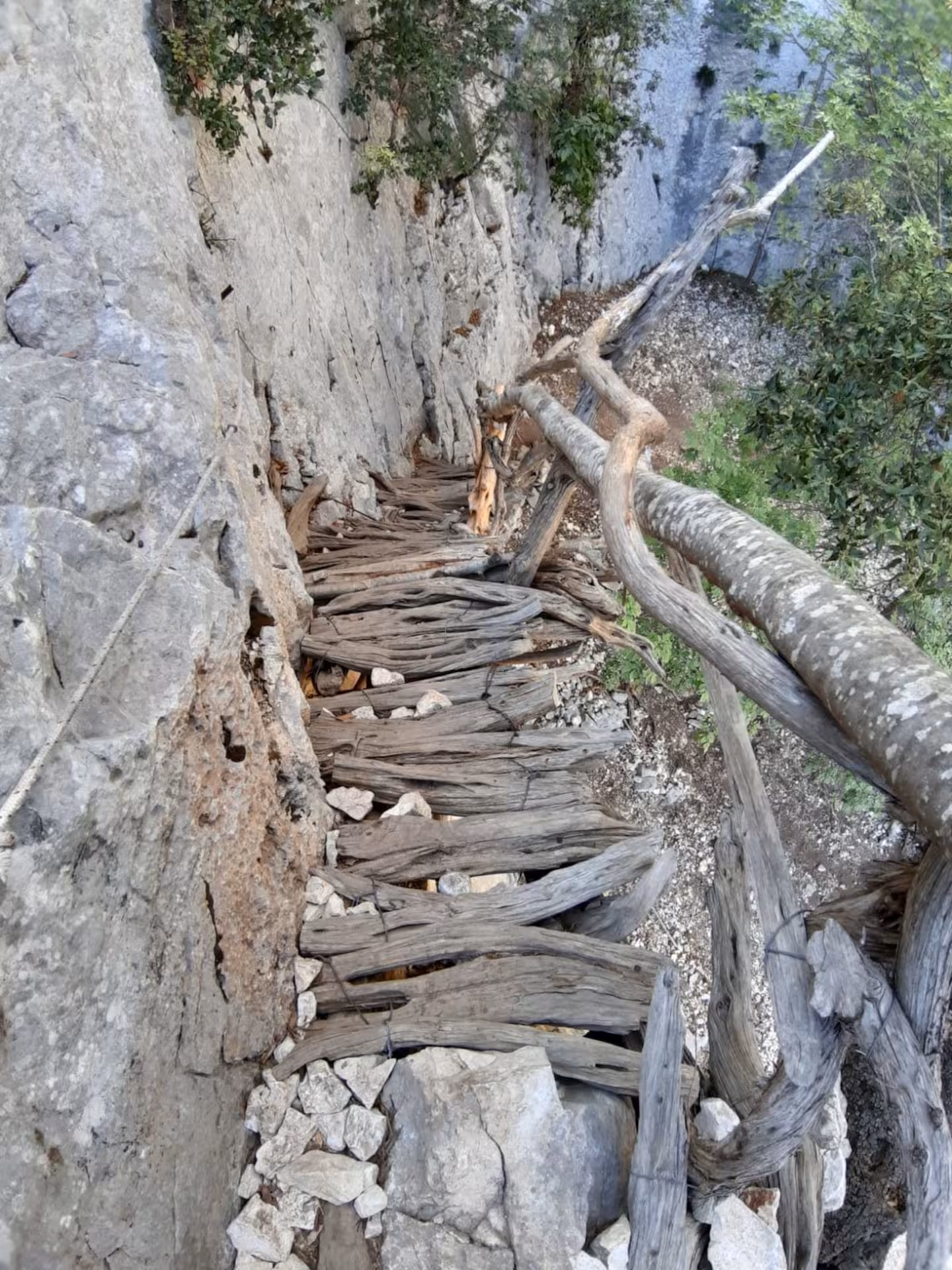Narrow wooden trail along rocky cliff on Cala Mariolu trek in Baunei, Sardinia.