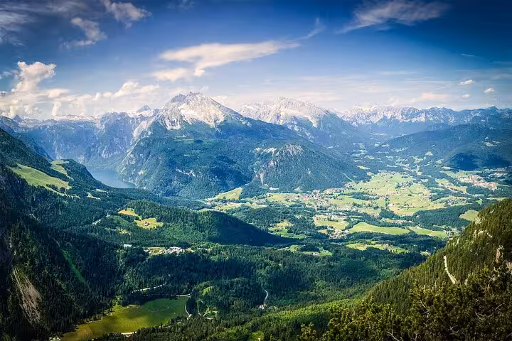 Panoramic Bavarian Alps scenery near Eagle’s Nest, sweeping green valleys and rugged peaks on private Munich day trip