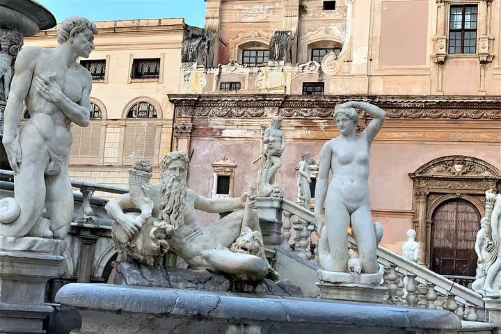 Detail of Fontana Pretoria statues in central Palermo, a landmark near B&B Hotels Palermo Quattro Canti airport transfers