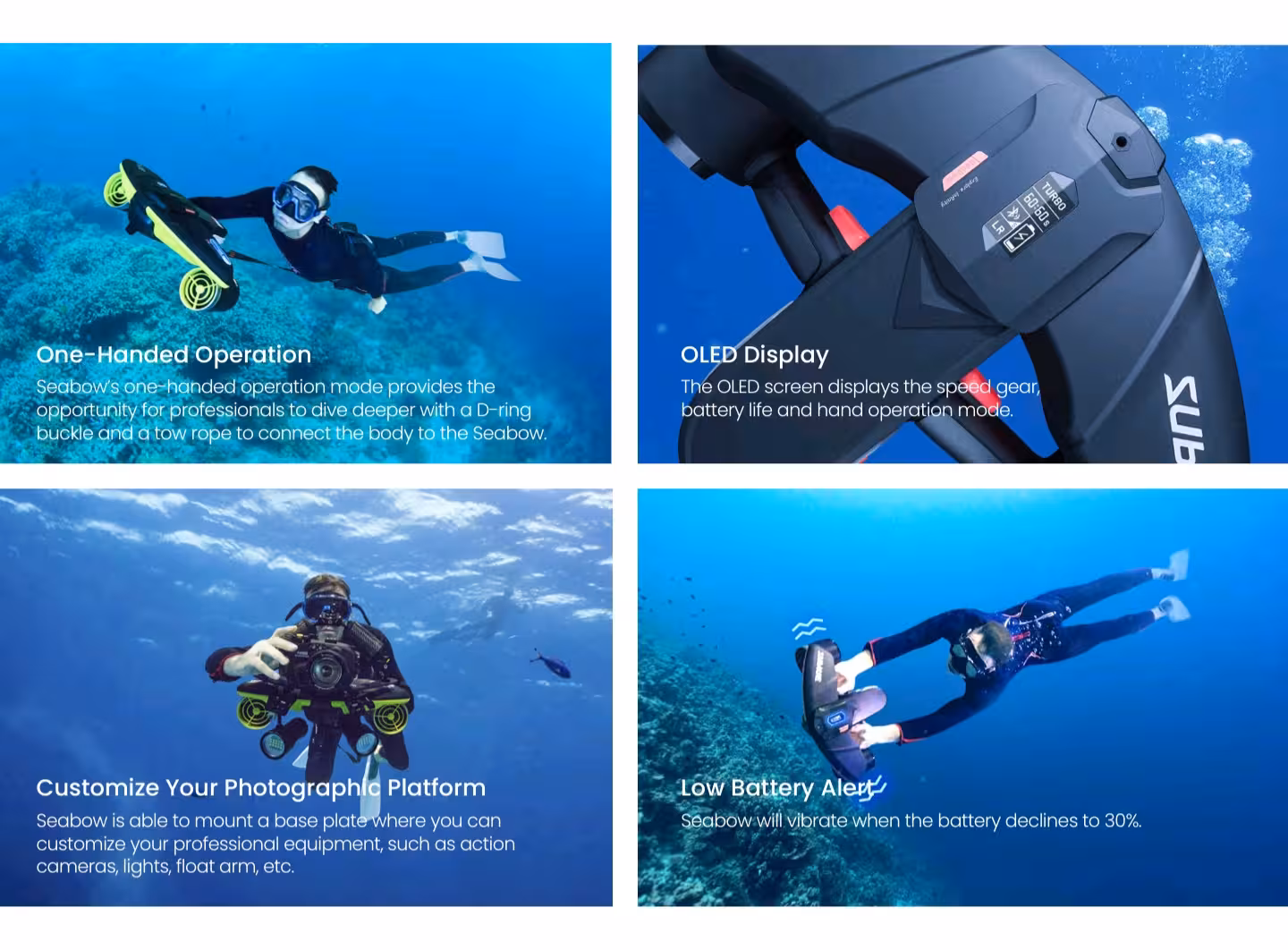 Diver using a Seabow with one-handed operation and OLED display, enhancing underwater adventures on a sunset yacht tour.