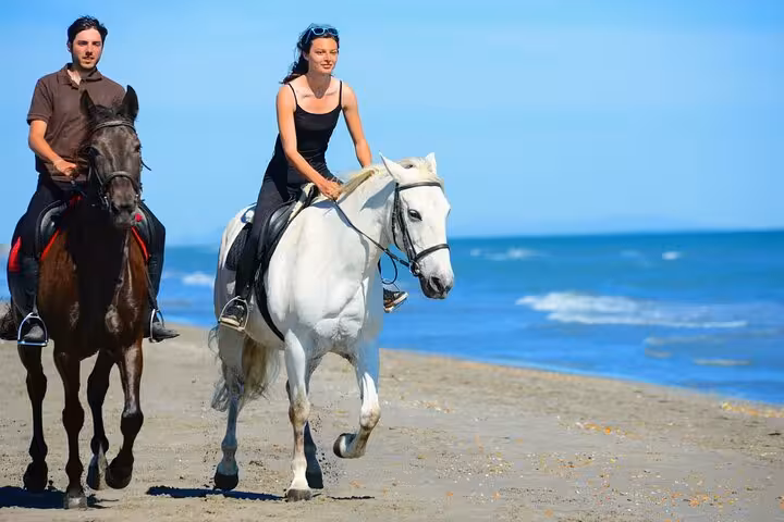 Couple riding horses along the Red Sea beach in Hurghada, one-hour beach horseback tour with round-trip transfer