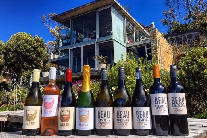 A selection of Beau Constantia wines displayed in front of a modern farmhouse under a clear blue sky in Constantia.
