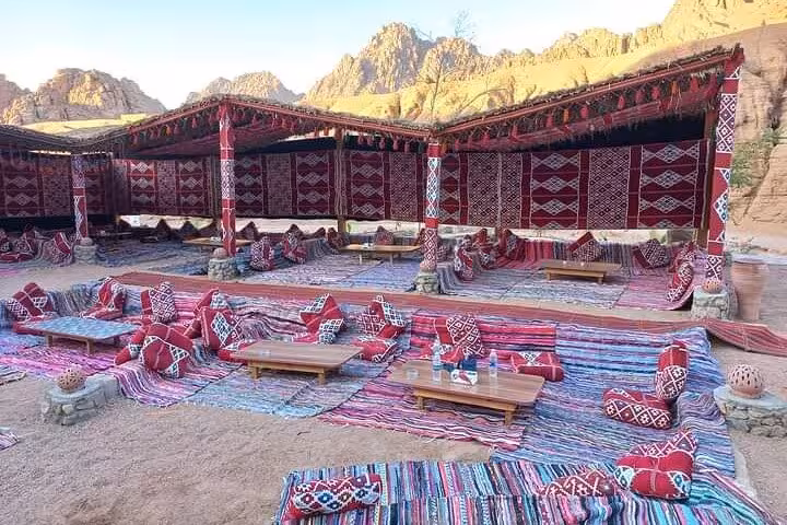Traditional Bedouin desert camp seating for Marsa Alam jeep safari dinner and stargazing under the stars