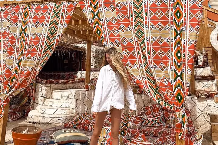 Relaxing Bedouin-style lounge on Giftun Island, Hurghada sea trip stopover with Red Sea beach vibes