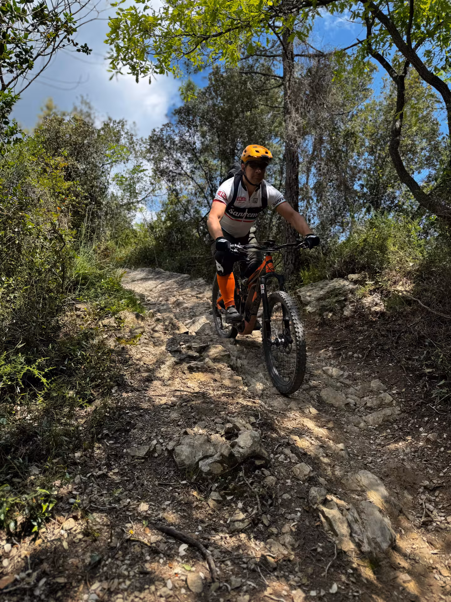Mountain biker navigating a rocky trail through a lush forest during a beginner MTB course, showcasing adventure and skill.
