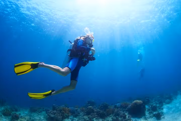Beginner scuba diver exploring Red Sea coral reef on a Hurghada guided dive with full gear and fins
