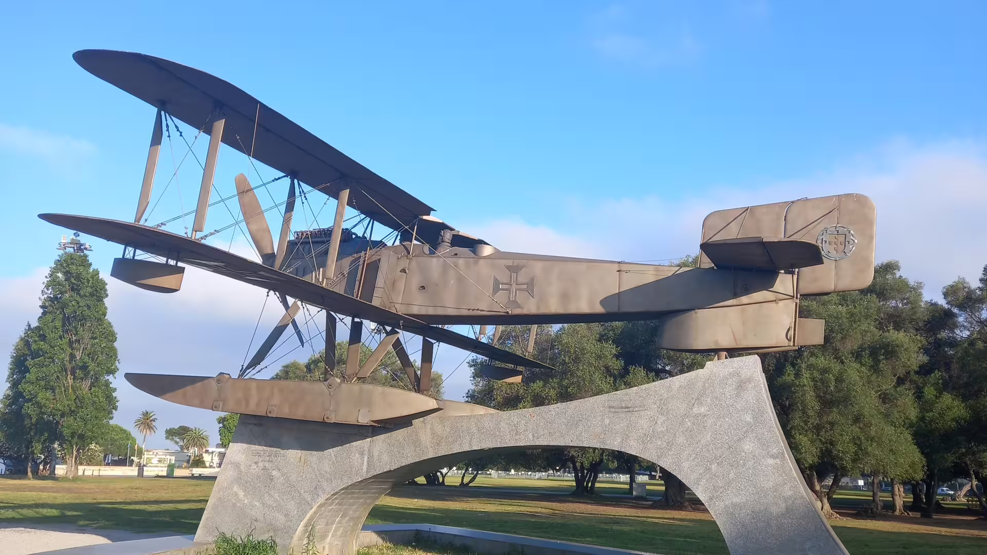 Replica of a historic seaplane monument on display near Lisbon's Belem Coast Road, a highlight on the tour to Sintra.