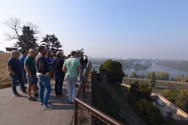 Tourists enjoy panoramic views of the Sava and Danube rivers during a private Belgrade Big Tour.
