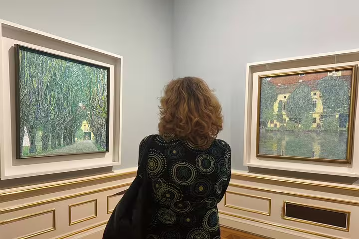 Visitor admiring Gustav Klimt paintings in the Belvedere Museum during a private themed art historian tour.