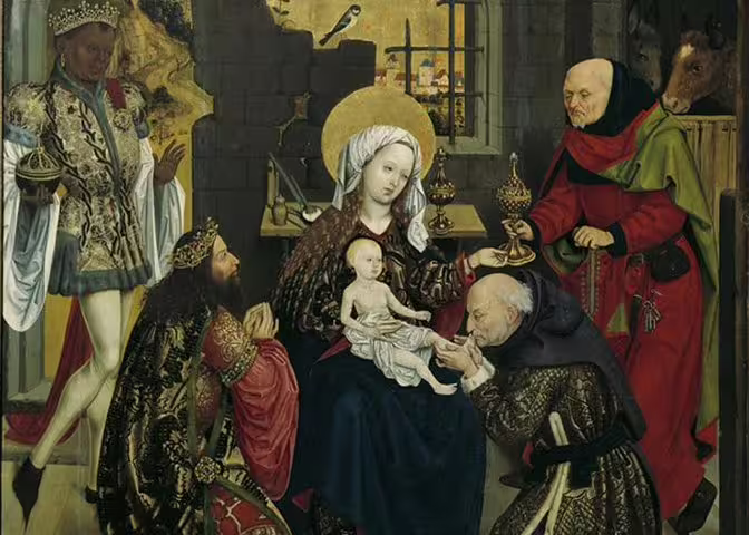 Intricate religious painting depicting the Adoration of the Magi, featured in the Belvedere Palace art tour.