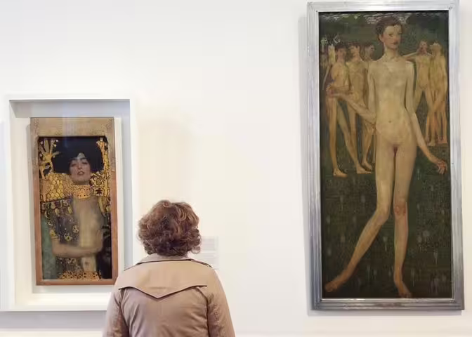 Visitor admiring famous paintings in Belvedere Palace, experiencing rich Austrian art and history on private tour.