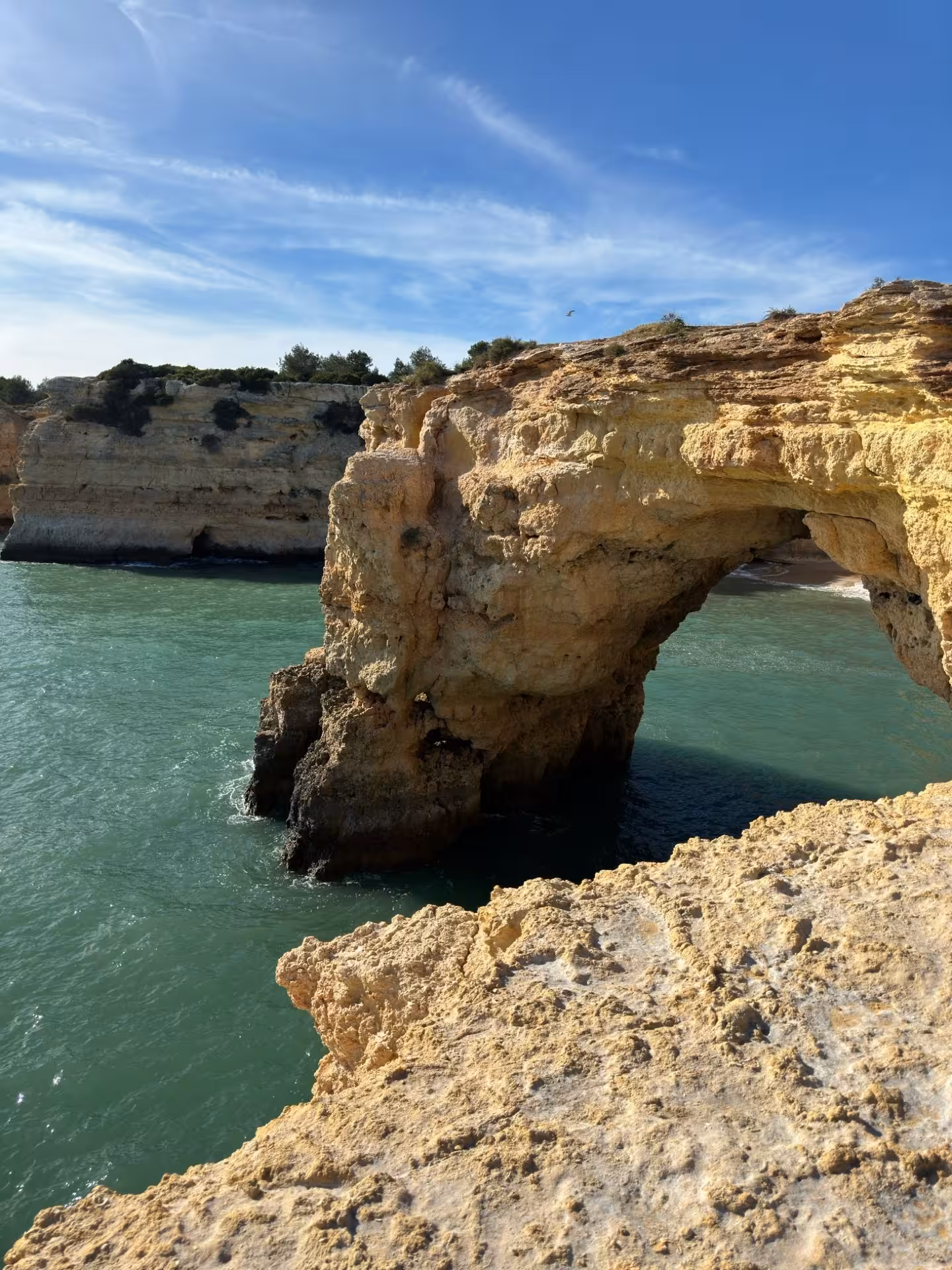 Golden rock arch and rugged Algarve cliffs rising from turquoise Atlantic waters on Benagil & Dolphins coastal tour