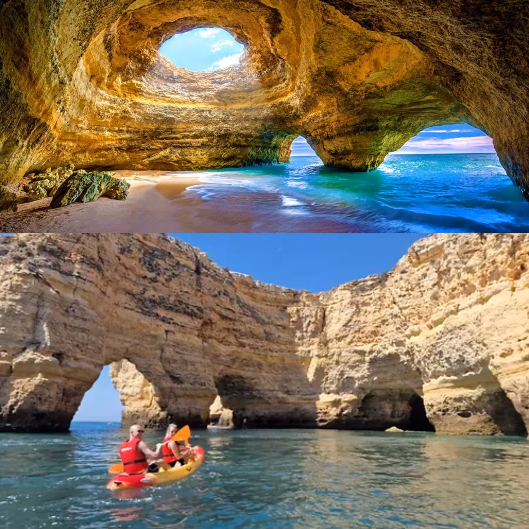 Stunning interior of Benagil Caves with skylight opening and kayakers exploring Algarve sea arches
