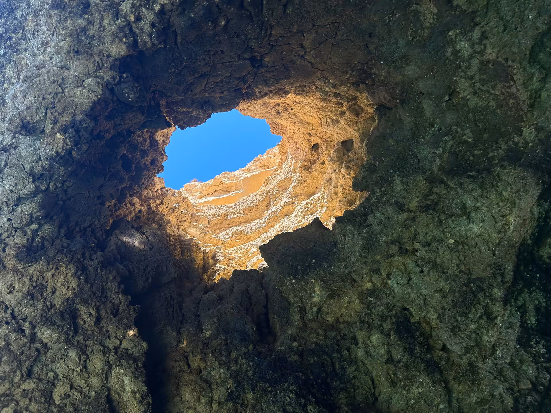 View from inside Benagil sea cave looking up through natural skylight to blue Algarve sky on Benagil & Dolphins tour
