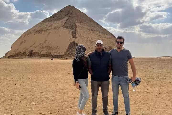 Group photo at the Bent Pyramid in Dahshur desert on private Saqqara, Memphis and Red Pyramid day tour