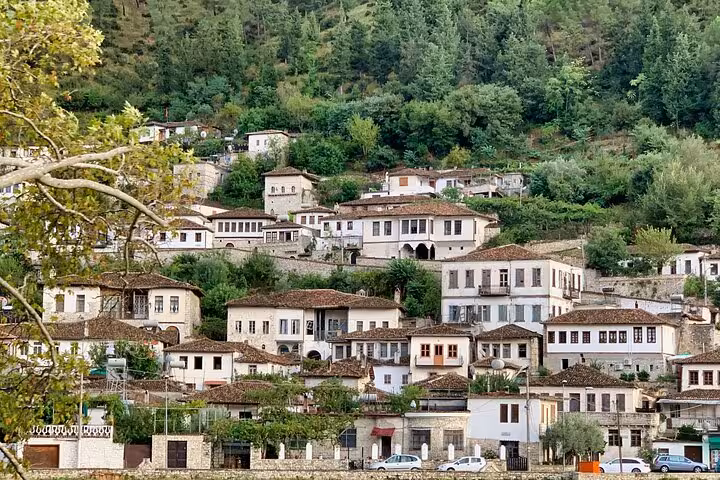 Scenic hillside view of historic white Ottoman-style houses in Berat, Albania, included in the private guided tour.