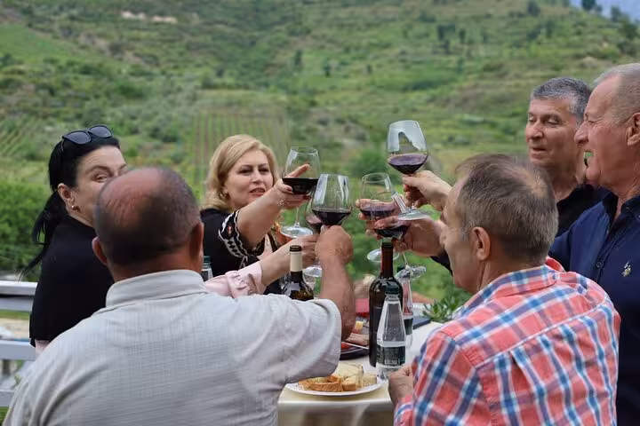 Group of people enjoying a wine tasting experience with red wine amidst scenic vineyards in Berat.