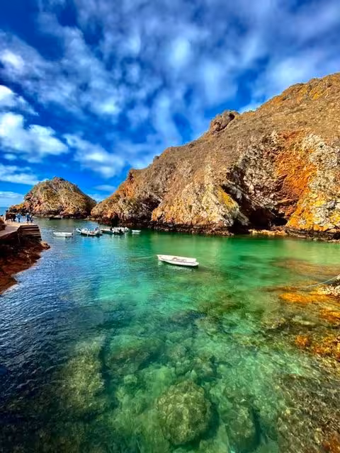 Crystal-clear lagoon at Berlengas Islands, Portugal, with small boats, Full Day Pack island boat trip and swim
