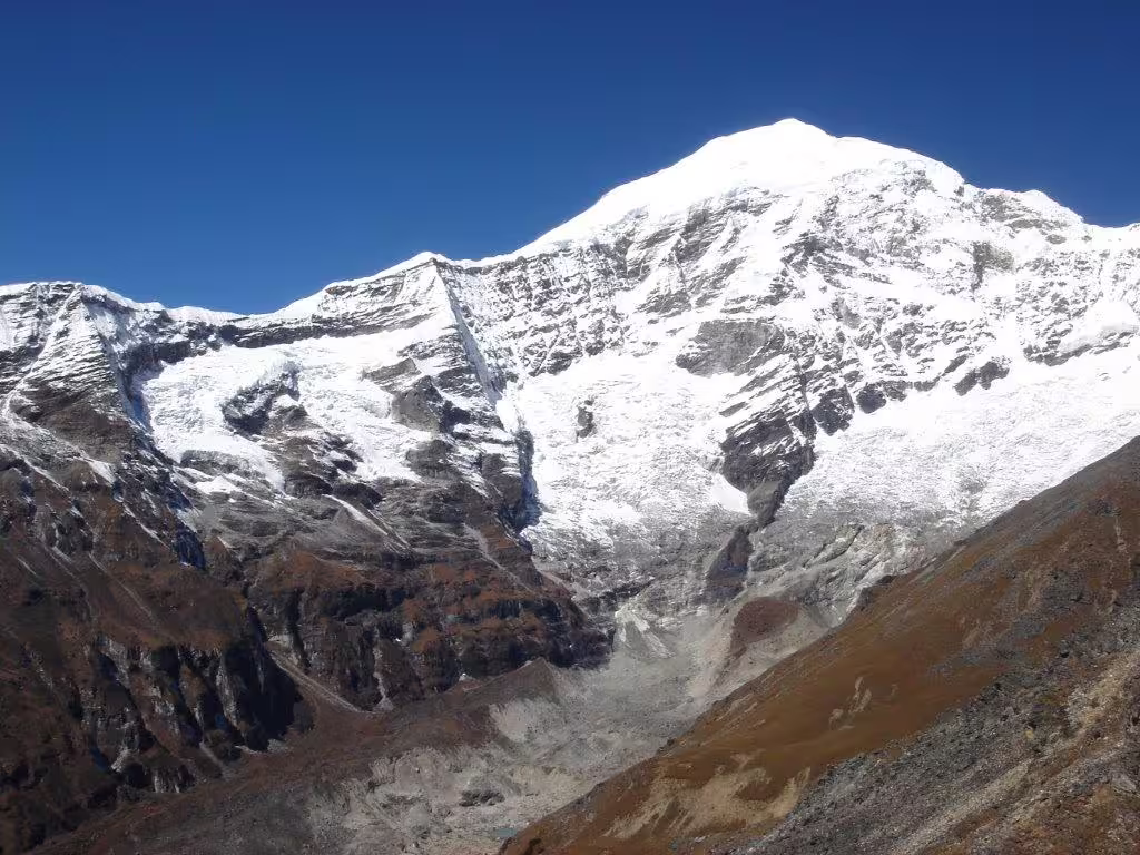 Majestic snow-capped Himalayan peak under a clear blue sky, a breathtaking sight on Bhutan's 12-day tour.