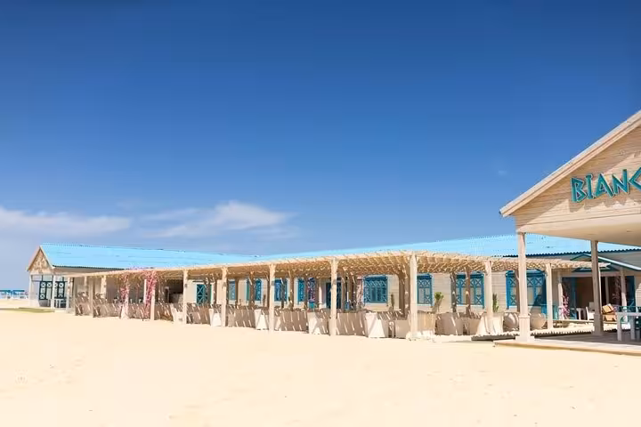 Bianca Island beach restaurant and seating area on Utopia Island tour from Hurghada with transfer and lunch