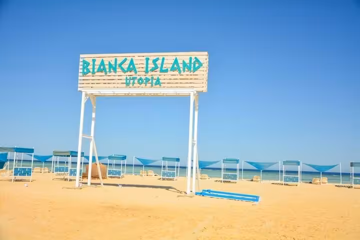 Bianca Island Utopia beach entrance on Red Sea, Hurghada day trip with transfer, lunch and sunbeds