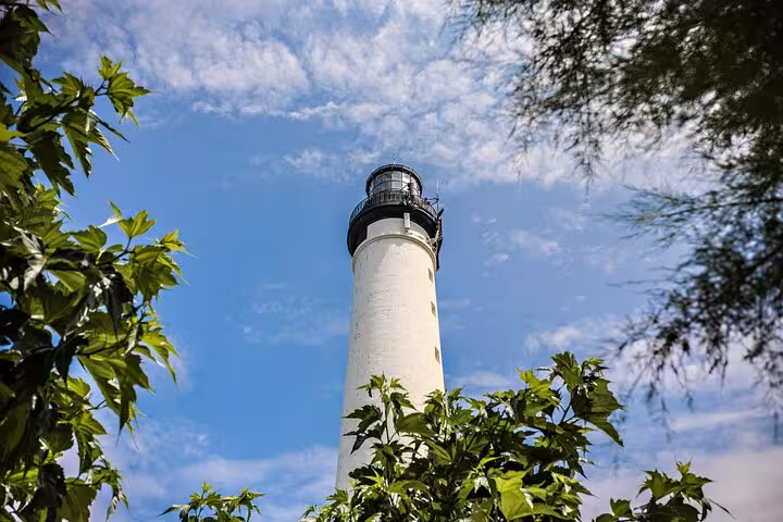 Biarritz lighthouse framed by lush greenery against blue sky, a must-see on a private city walking tour.