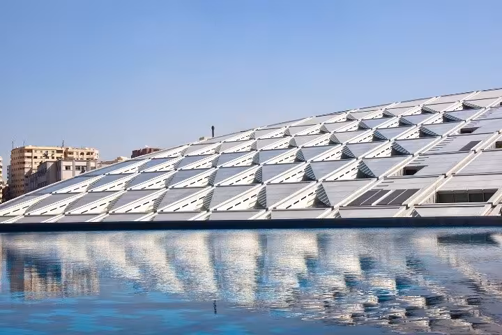Bibliotheca Alexandrina modern roof by the waterfront, a top stop on Alexandria cultural sightseeing tour
