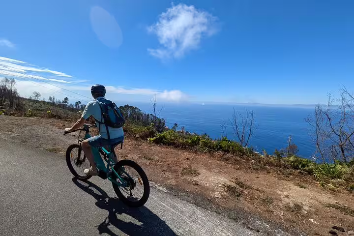 Cyclist enjoying a scenic bike tour along Madeira's stunning west coast with ocean views under a clear blue sky.