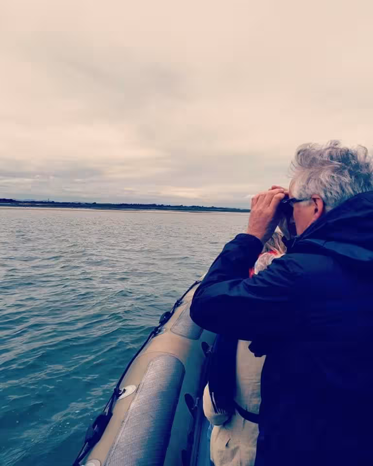 Birdwatcher scanning coastal waters from an inflatable boat on a guided birdwatching tour at sea