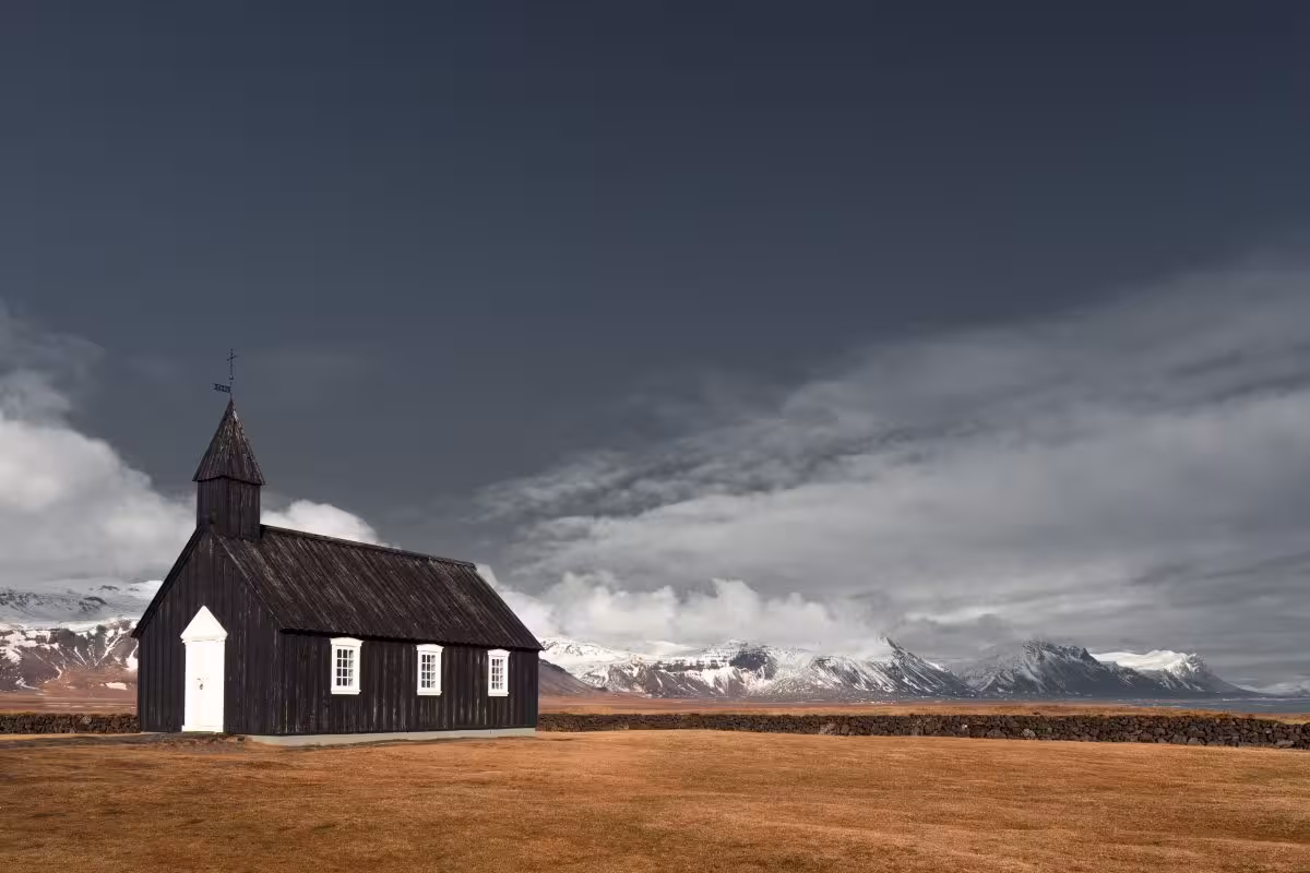Black Budir Church with snowy mountains on Snæfellsnes Peninsula private tour, full-day Iceland adventure